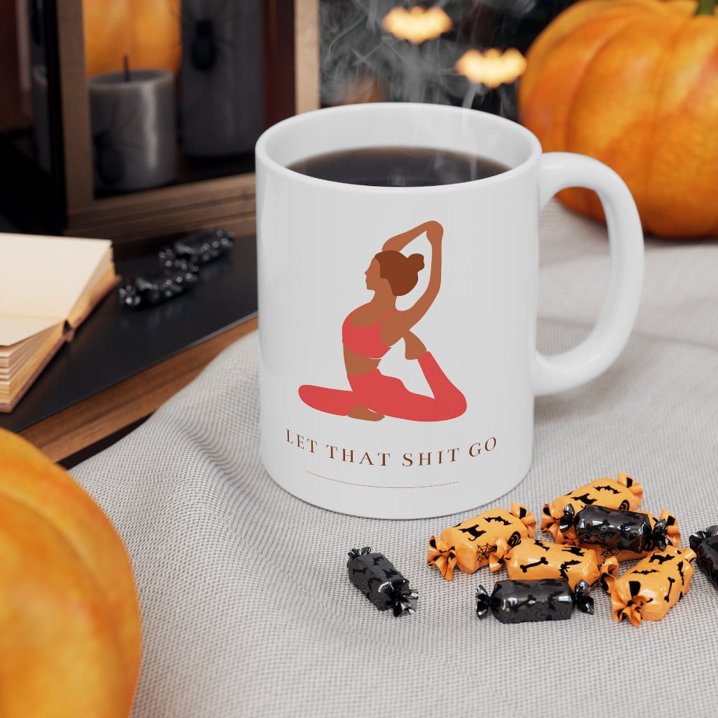 Take a deep breath in and out. This yoga inspired ceramic mug is designed with the phrase “Let That Shit Go”. Manifest all good things coming to you in the future with this stylish mug. Use it to sip tea with your favorite pair of leggings and feel all the good vibes. This mug is 11 oz, lead and BPA free, and microwave and dishwasher safe!