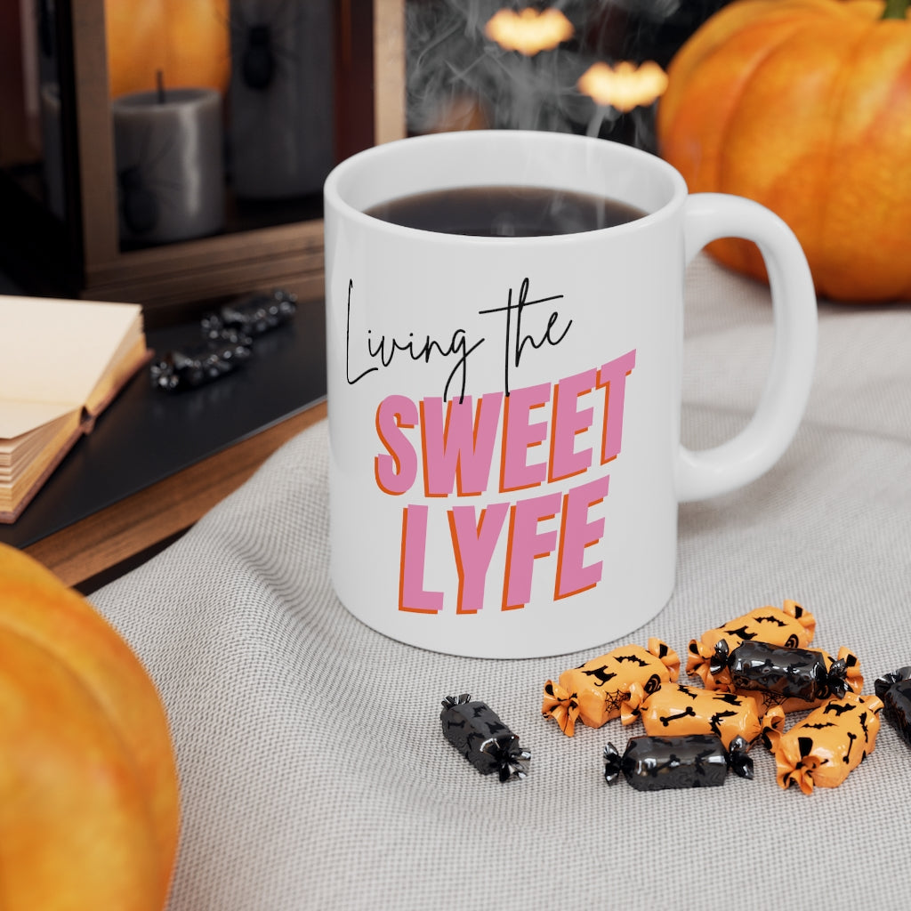 Living the sweet lyfe in a sunny state of mind. This ceramic mug gives off girly vibes. With light pink lettering, you can make your morning pop and show off your trendy side. Grab this mug and let the compliments roll in and keep the good times going. This mug is 11 oz, lead and BPA free, and microwave and dishwasher safe!