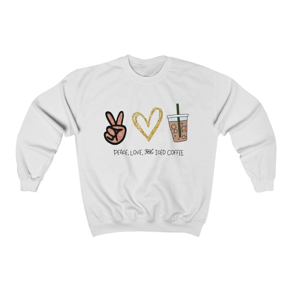 Peace, Love, and Iced Coffee... the only things that matter! This crewneck sweatshirt is perfect for those brisk morning walks to get coffee, or just for cozying up at home with your favorite iced coffee in hand. This sweatshirt makes the perfect gift for that iced coffee drinker in your life!