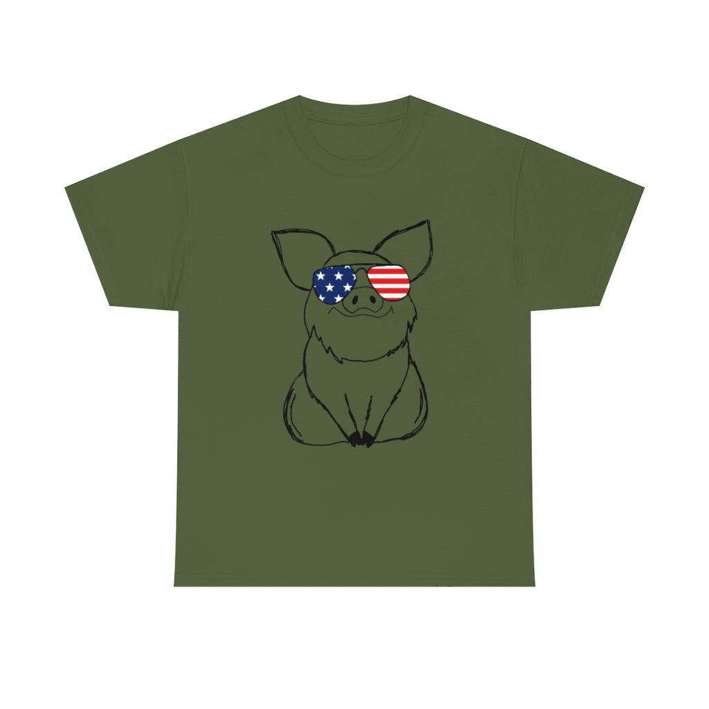 Pig with American Flag Sunglasses Cotton T-shirt