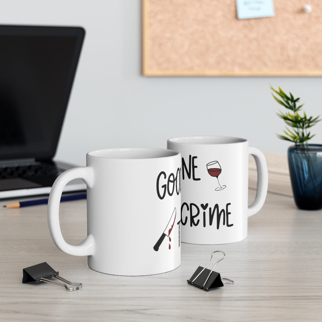 Good Wine and True Crime! This cozy ceramic mug is perfect for a night of cuddling, sipping wine, and watching that true crime documentary. This mug is the perfect gift for the true crime junkie in your life! This mug is 11 oz, lead and BPA free, and microwave and dishwasher safe!
