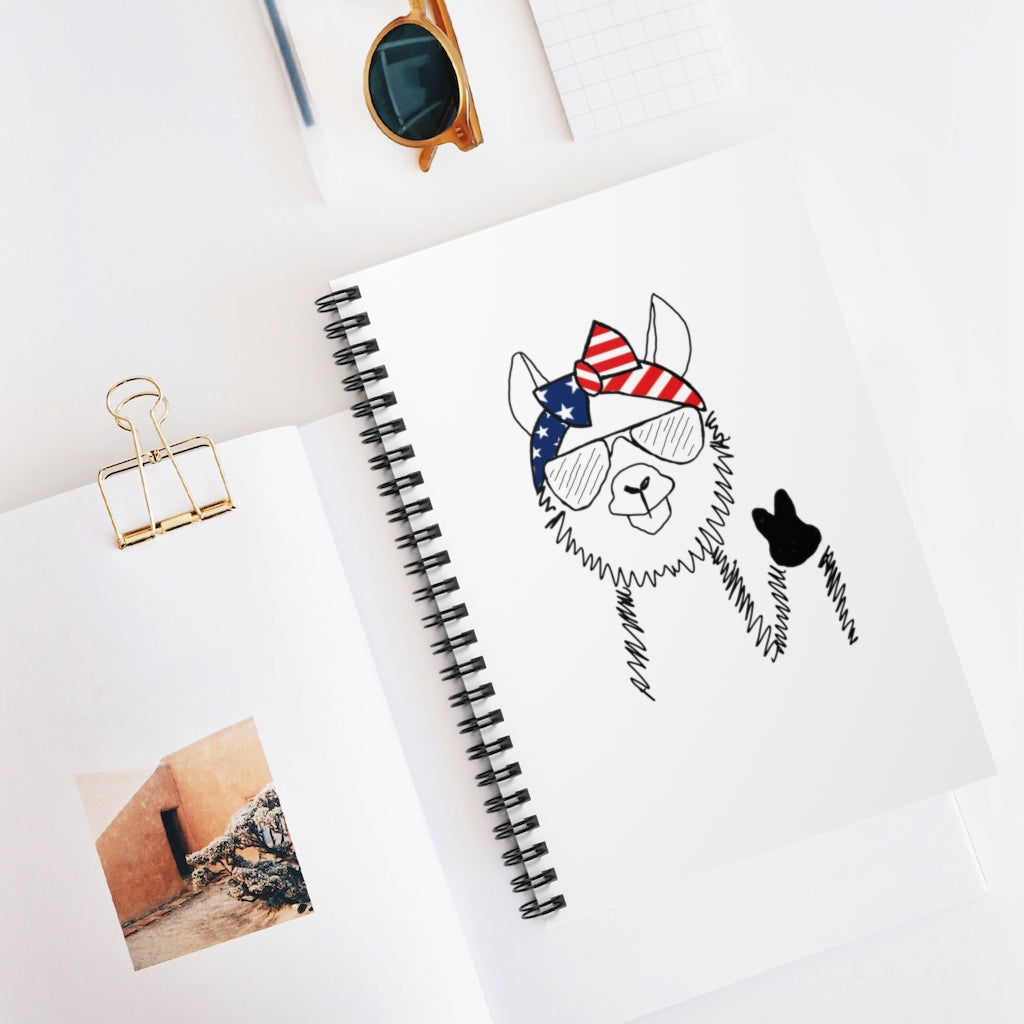 Llama with American Flag Headband Spiral Notebook - Ruled Line