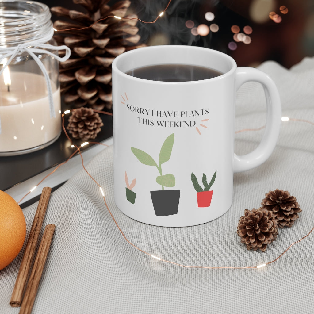 When all you want is a night in with your plants. This punny ceramic mug is bright and fun and says, “Sorry I Have Plants This Weekend”. Great for introverts and all who just like alone time and self care. Add this stylish funny mug to your collection today. This mug is 11 oz, lead and BPA free, and microwave and dishwasher safe!