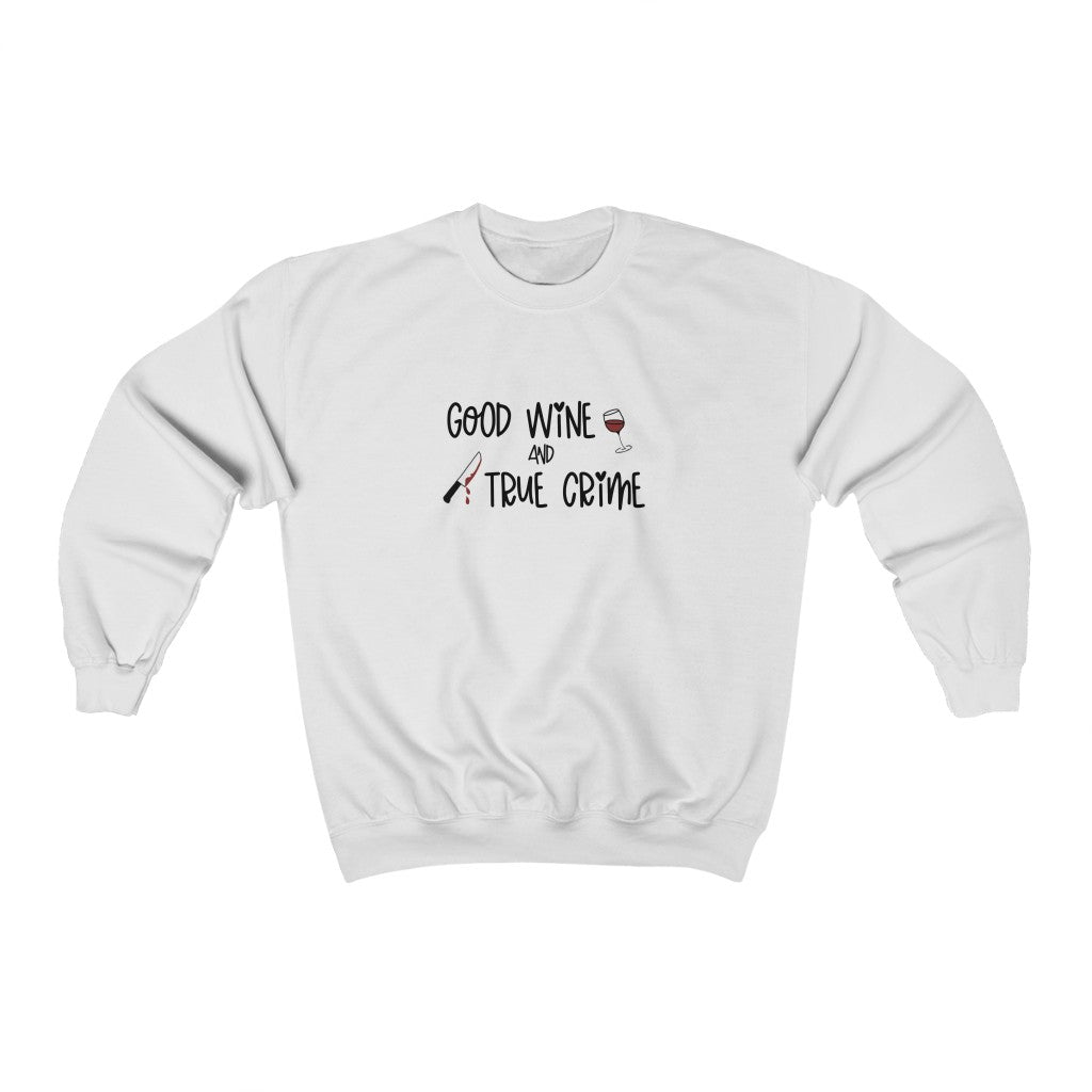 Good Wine and True Crime! This cozy crewneck sweatshirt is perfect for a night of cuddling, sipping wine, and watching that true crime documentary. This crew is the perfect gift for the true crime junkie in your life!