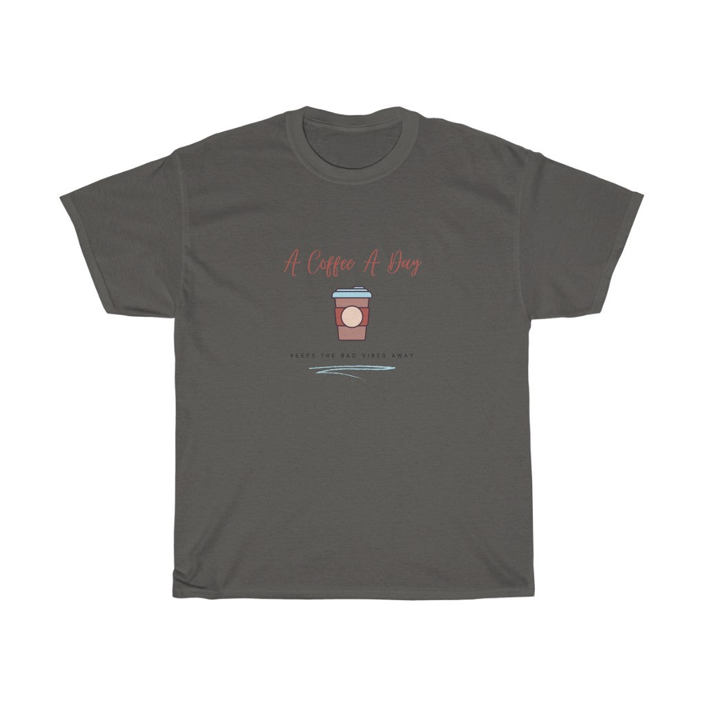 Keep the bad vibes away with a coffee (or two) a day. This funny coffee cotton t-shirt shows off your love for caffeine and made with a soft cotton material, you can stay comfy all day long. Designed for the girl who loves coffee and has great style.