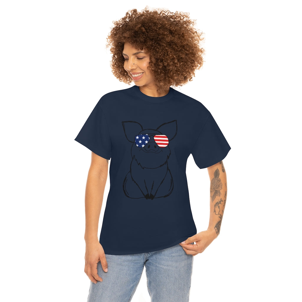Pig with American Flag Sunglasses Cotton T-shirt