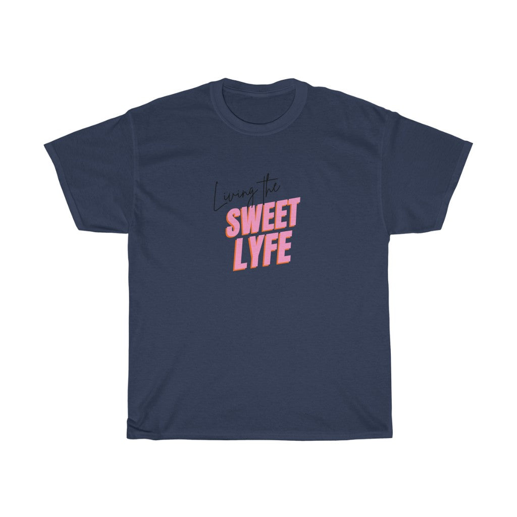 Living the sweet lyfe in a sunny state of mind. This cotton t-shirt gives off girly vibes. With light pink lettering, you can make your outfit pop and show off your trendy side at the same time. Put on this t-shirt and let the compliments roll in and keep the good times going.