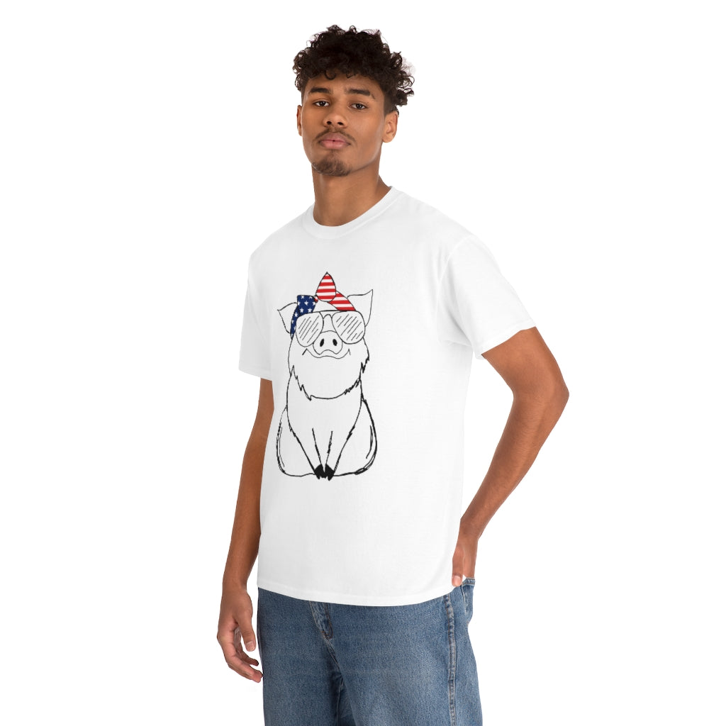 Pig with American Flag Headband Cotton T-shirt