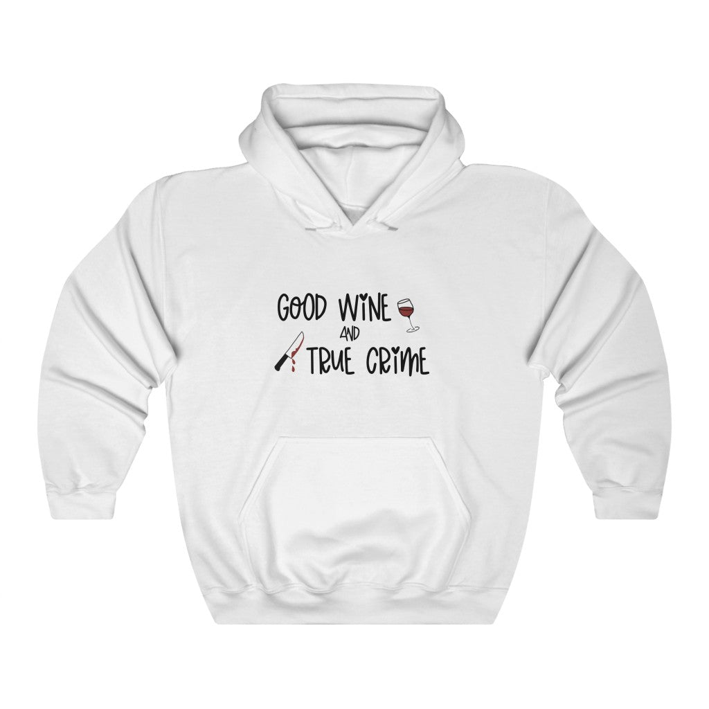 Good Wine and True Crime! This cozy hoodie sweatshirt is perfect for a night of cuddling, sipping wine, and watching that true crime documentary. This hoodie is the perfect gift for the true crime junkie in your life!