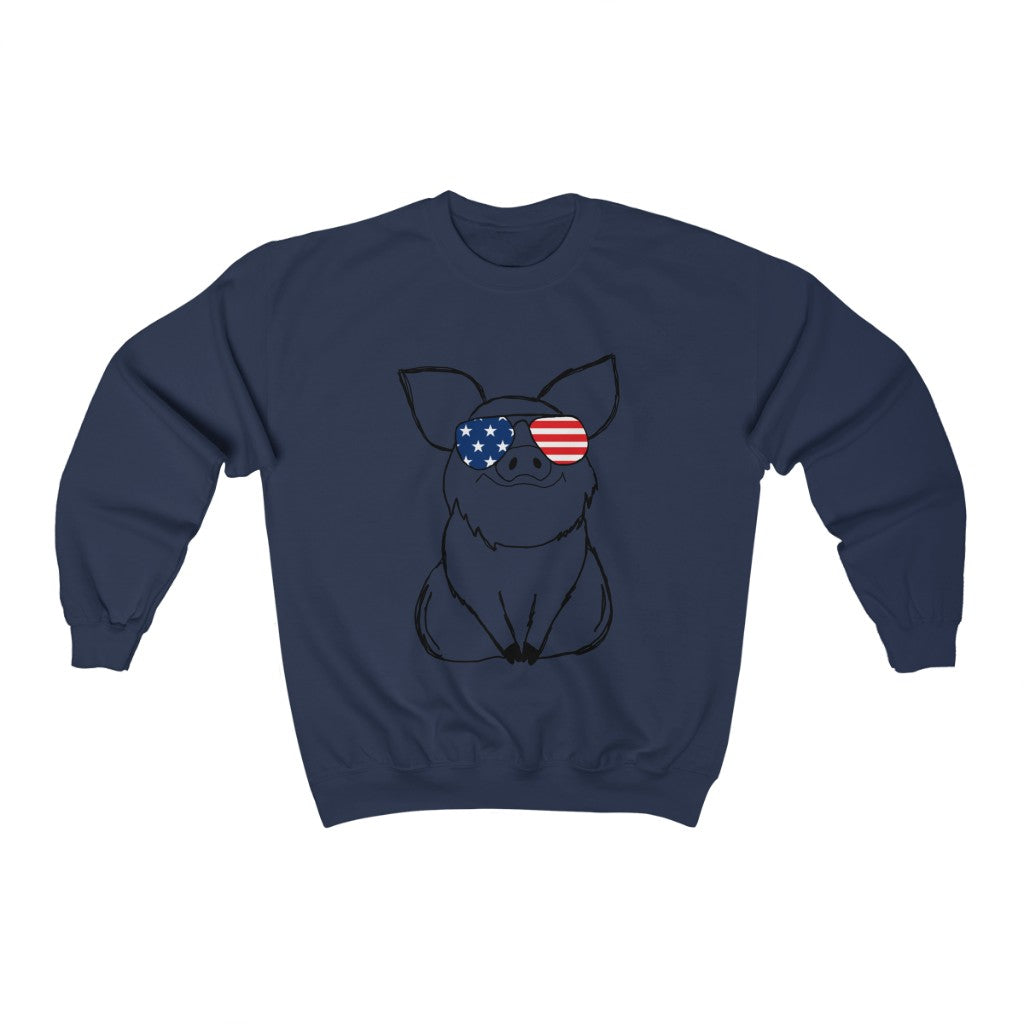 Pig with American Flag Sunglasses Crewneck Sweatshirt