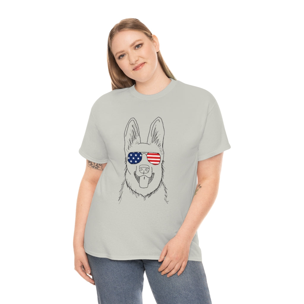 German Shepherd with American Flag Sunglasses Cotton T-shirt