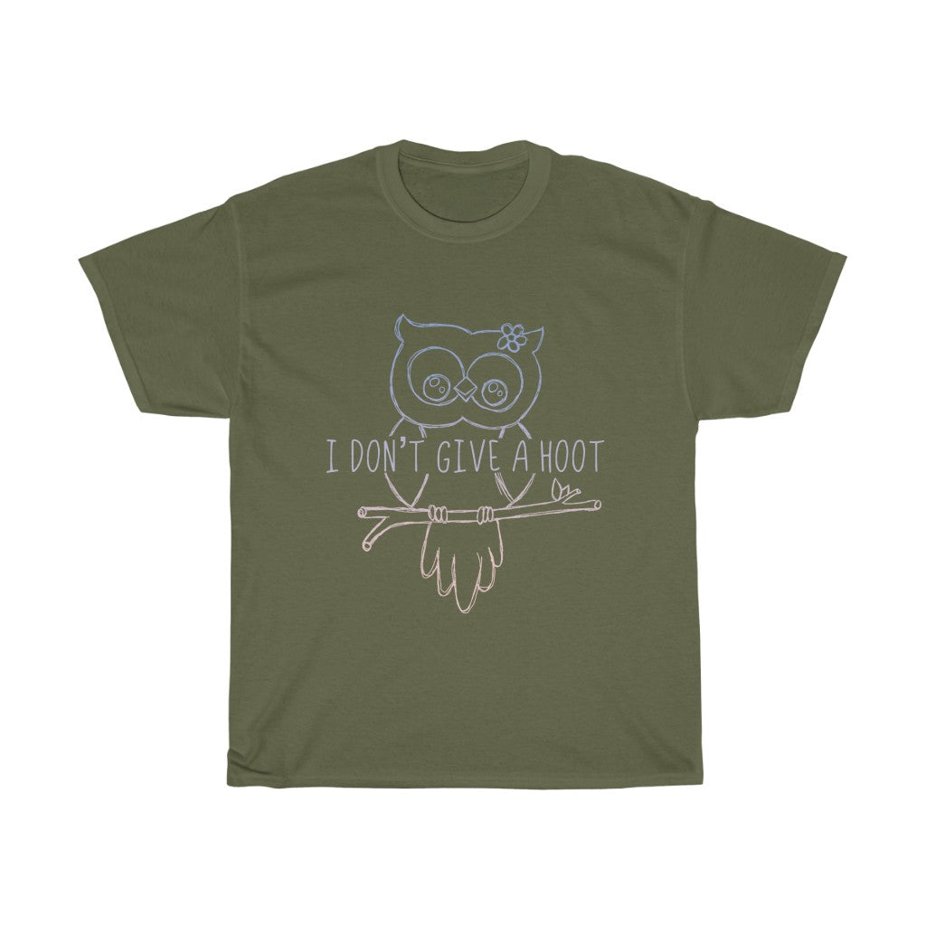 I Don't Give a Hoot! This funny cotton t-shirt is a great way to show your personal sense of humor and your love for cute owls! Also makes a perfect gift for that punny friend in your life!