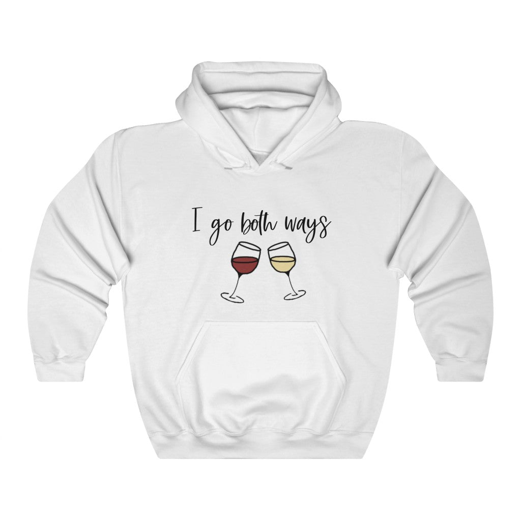 I go both ways! This funny hoodie sweatshirt is perfect for all you wine lovers out there. If you don't discriminate when it comes to white wine or red wine, this hoodie is for you. Great for those chilly days out at the vineyards, or just cozying up at home with your favorite glass of wine.