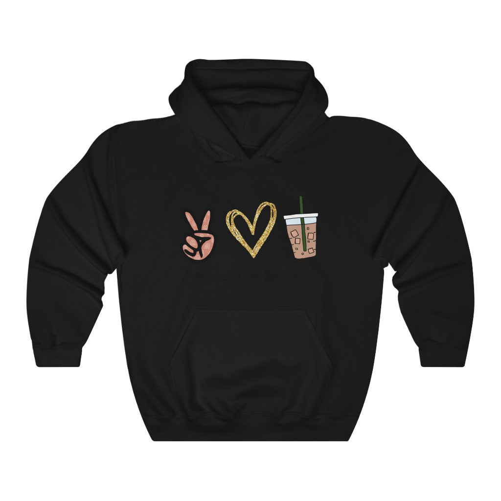 Peace, Love, and Iced Coffee... the only things that matter! This hoodie sweatshirt is perfect for those brisk morning walks to get coffee, or just for cozying up at home with your favorite iced coffee in hand. This hoodie makes the perfect gift for that iced coffee drinker in your life!