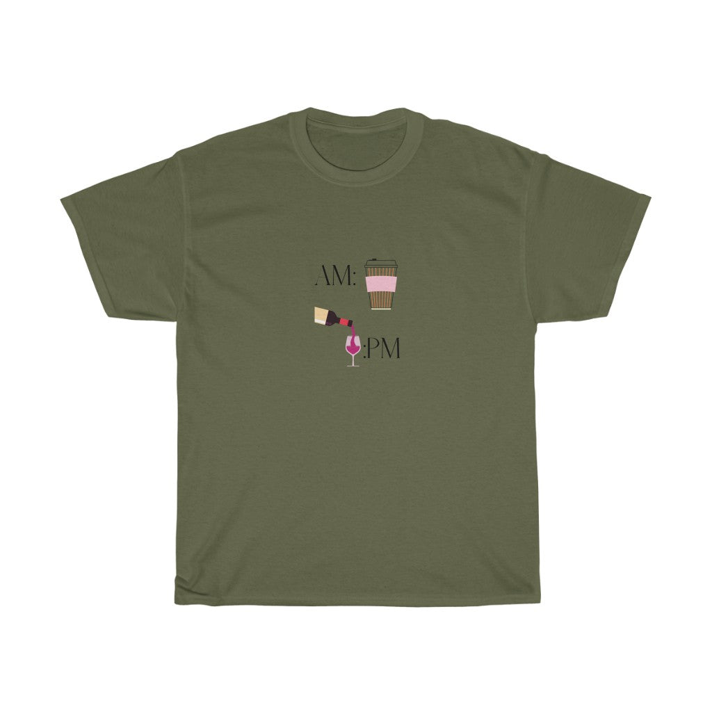 This cute cotton t-shirt shows off your schedule... coffee in the morning and wine at night, there is no other way. With bright pinks and reds, this t-shirt stands out and is a perfect cozy piece to add to your collection. Designed with a luxurious cotton, you will never want to take it off.