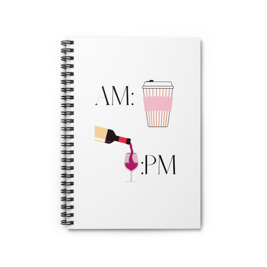 This cute notebook shows off your schedule... coffee in the morning and wine at night, there is no other way. With bright pinks and reds, this journal stands out. This journal has 118 ruled line single pages for you to fill up!