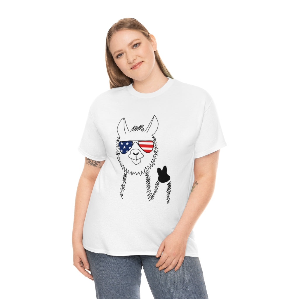 Llama with American Flag Sunglasses Cotton T-shirt