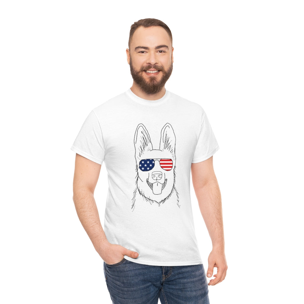 German Shepherd with American Flag Sunglasses Cotton T-shirt