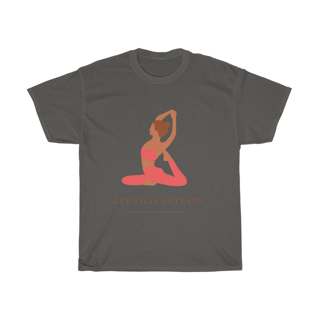 Take a deep breath in and out. This yoga inspired cotton t-shirt is designed with the phrase “Let That Shit Go”. Manifest all good things coming to you in the future with this stylish piece. Wear it with your favorite pair of leggings and feel all the good vibes. Made with a plush cotton, it is like wearing a blanket.