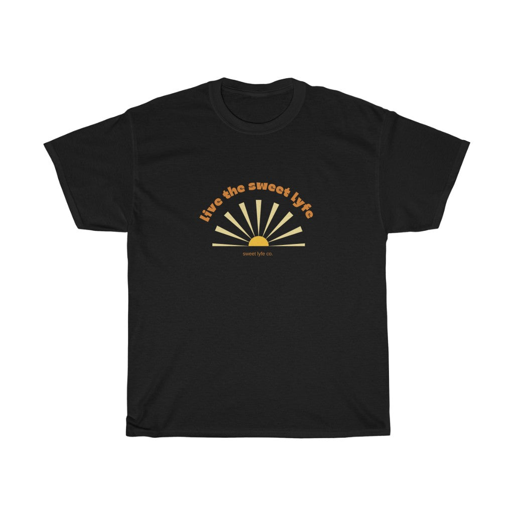 Sunshine is good for the mind, body, adn soul. Live the sunny sweet lyfe with this retro graphic cotton t-shirt. With both comfort and style in mind, this t-shirt is made with a plush cotton that is great for sunny days. Step up your style and add this to your wardrobe today.