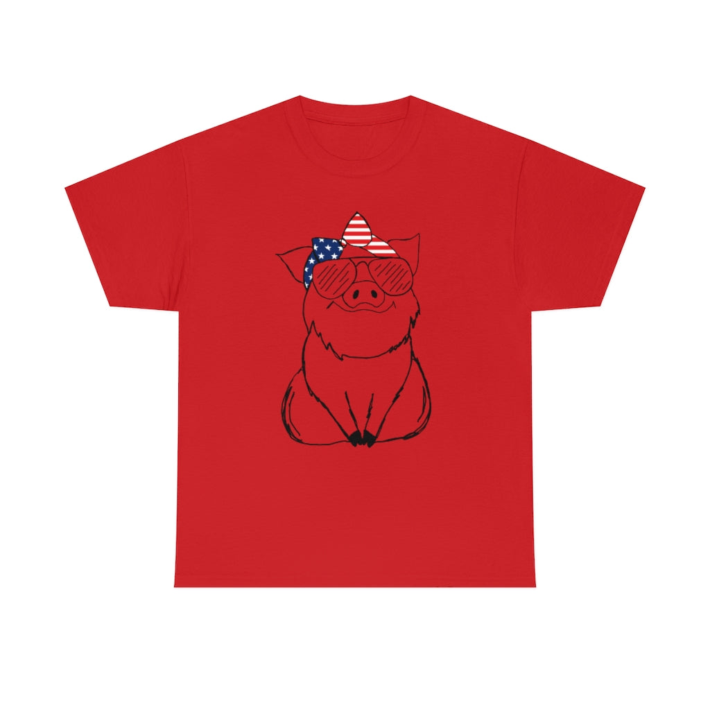 Pig with American Flag Headband Cotton T-shirt