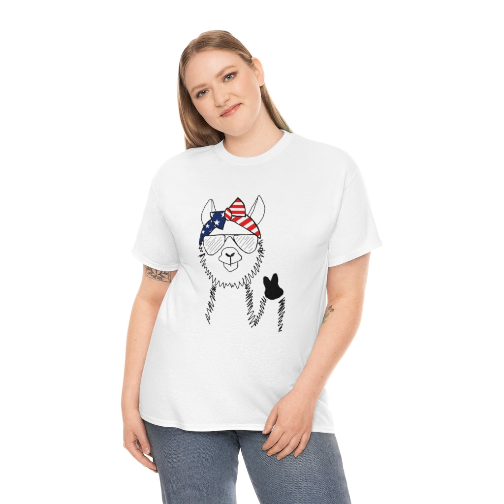 Llama with American Flag Headband Cotton T-shirt