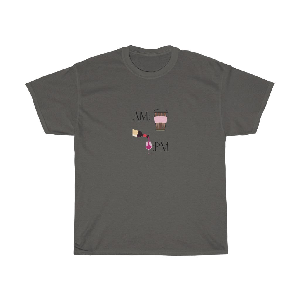 This cute cotton t-shirt shows off your schedule... coffee in the morning and wine at night, there is no other way. With bright pinks and reds, this t-shirt stands out and is a perfect cozy piece to add to your collection. Designed with a luxurious cotton, you will never want to take it off.