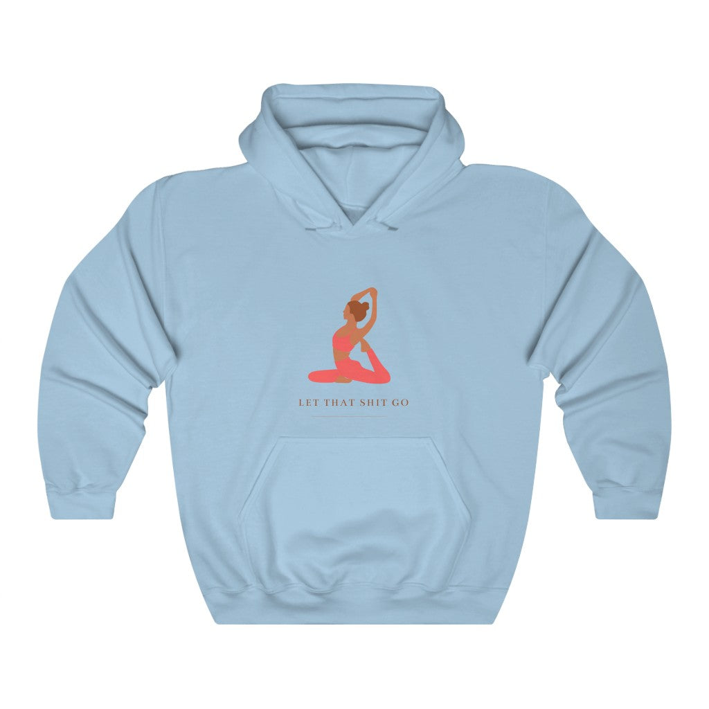 Take a deep breath in and out. This yoga inspired hoodie sweatshirt is designed with the phrase “Let That Shit Go”. Manifest all good things coming to you in the future with this stylish piece. Wear it with your favorite pair of leggings and feel all the good vibes. Made with a plush cotton, it is like wearing a blanket.