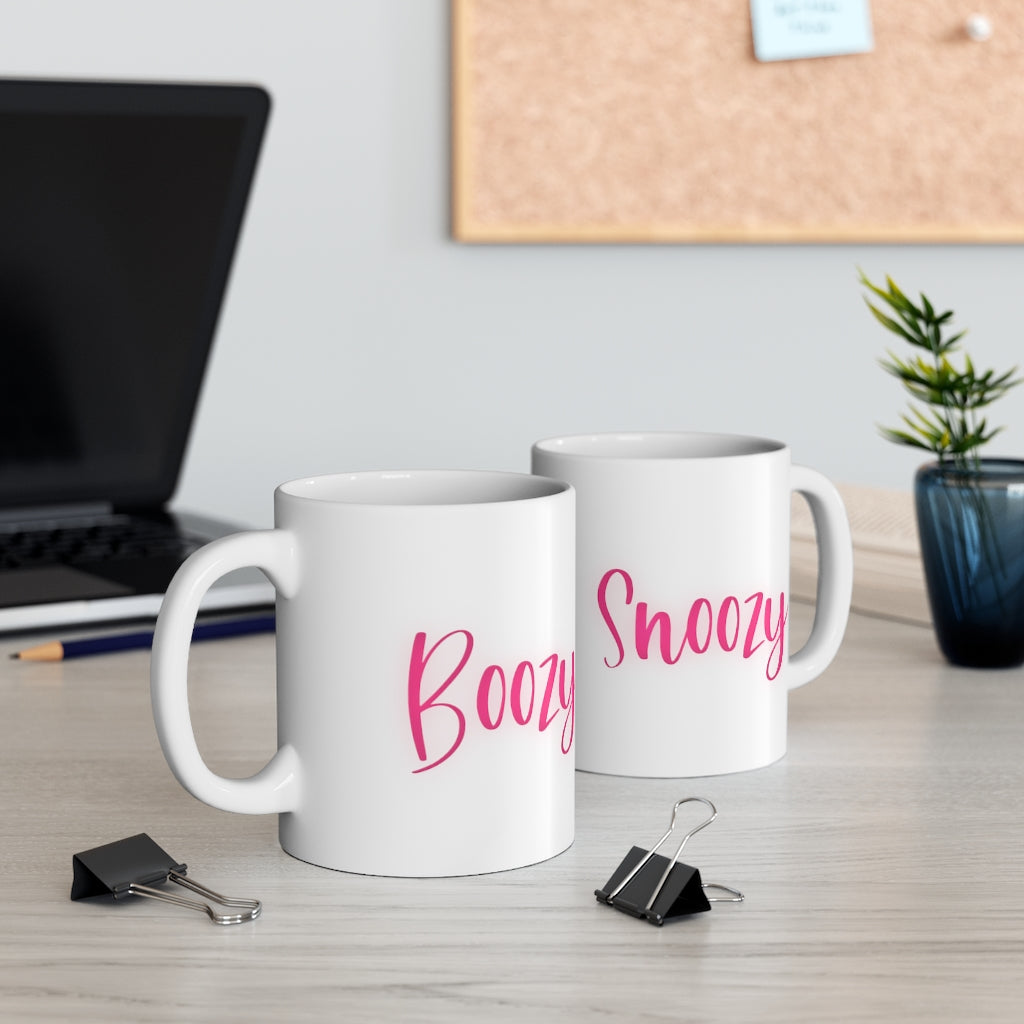 Boozy and Snoozy! Sleepy but still need a drink? This ceramic mug is perfect for brunch with the girls or a great gift for your boozy friends. After a long nigth out partying you fill this mug with coffee to make your way through the day. This mug is 11 oz, lead and BPA free, and microwave and dishwasher safe!