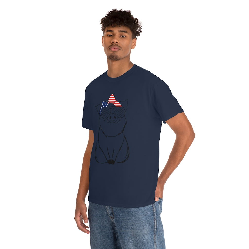 Pig with American Flag Headband Cotton T-shirt