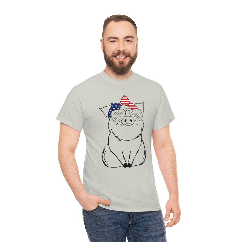 Pig with American Flag Headband Cotton T-shirt