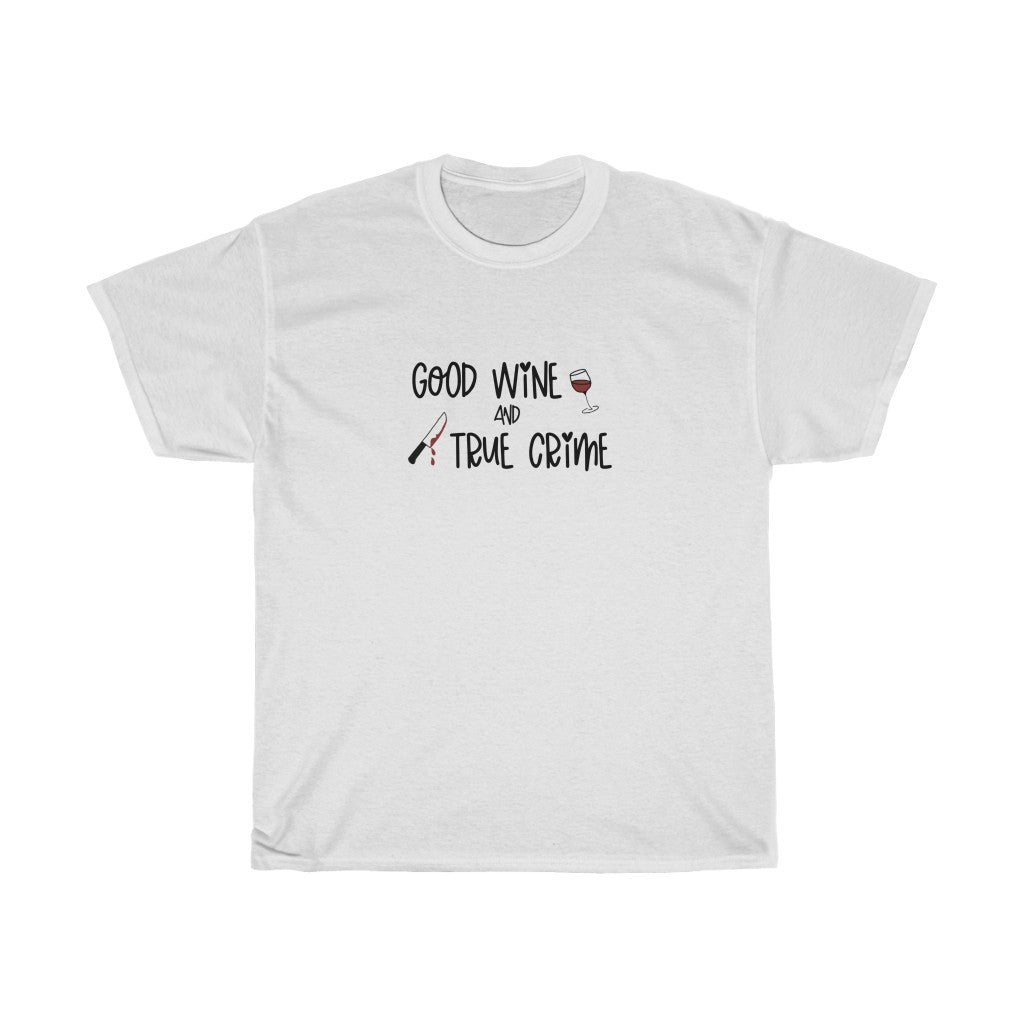 Good Wine and True Crime! This cotton t-shirt is perfect for a night of cuddling, sipping wine, and watching that true crime documentary. This t-shirt is the perfect gift for the true crime junkie in your life!