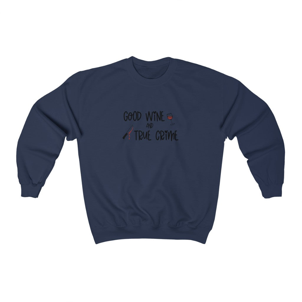 Good Wine and True Crime! This cozy crewneck sweatshirt is perfect for a night of cuddling, sipping wine, and watching that true crime documentary. This crew is the perfect gift for the true crime junkie in your life!