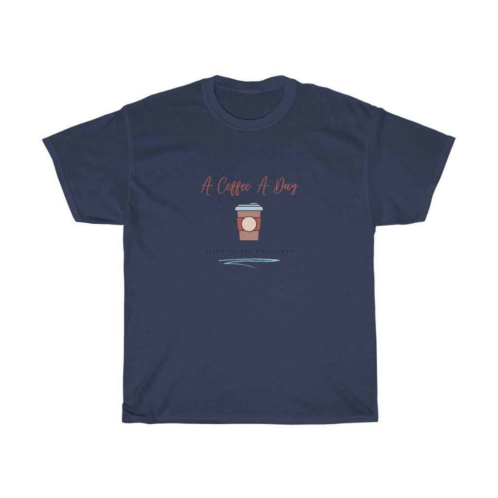 Keep the bad vibes away with a coffee (or two) a day. This funny coffee cotton t-shirt shows off your love for caffeine and made with a soft cotton material, you can stay comfy all day long. Designed for the girl who loves coffee and has great style.