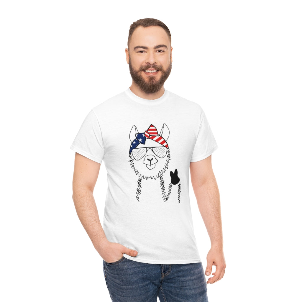 Llama with American Flag Headband Cotton T-shirt