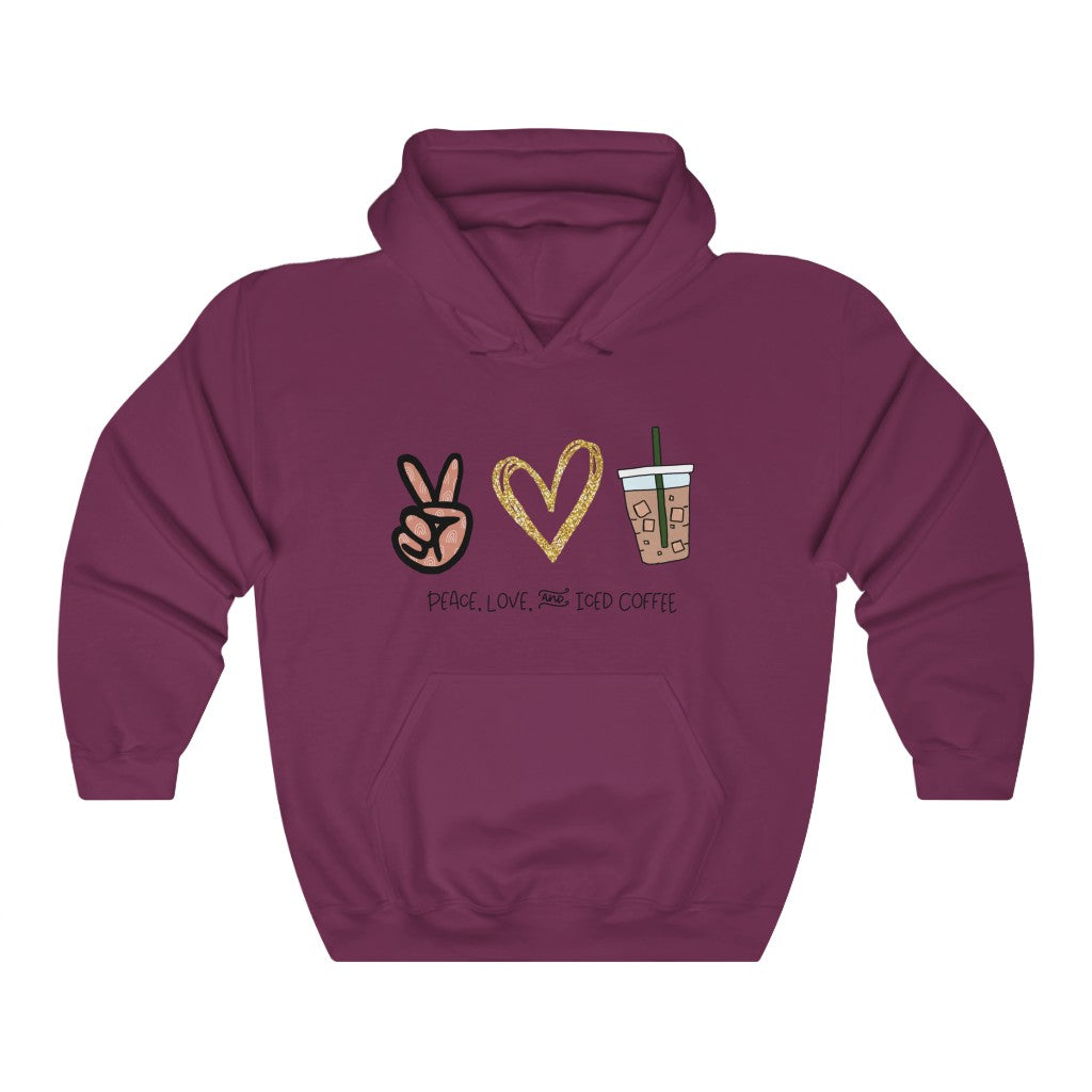 Peace, Love, and Iced Coffee... the only things that matter! This hoodie sweatshirt is perfect for those brisk morning walks to get coffee, or just for cozying up at home with your favorite iced coffee in hand. This hoodie makes the perfect gift for that iced coffee drinker in your life!
