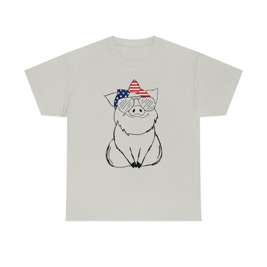 Pig with American Flag Headband Cotton T-shirt
