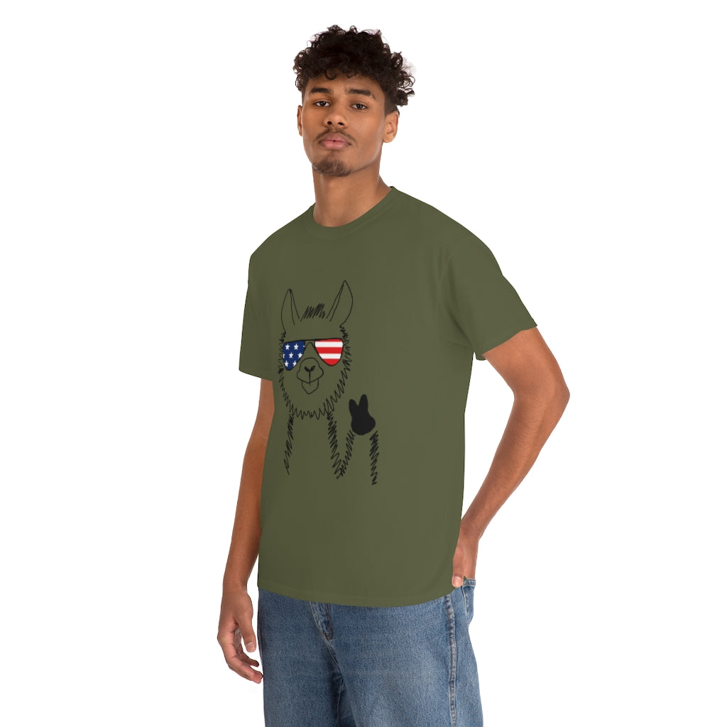Llama with American Flag Sunglasses Cotton T-shirt