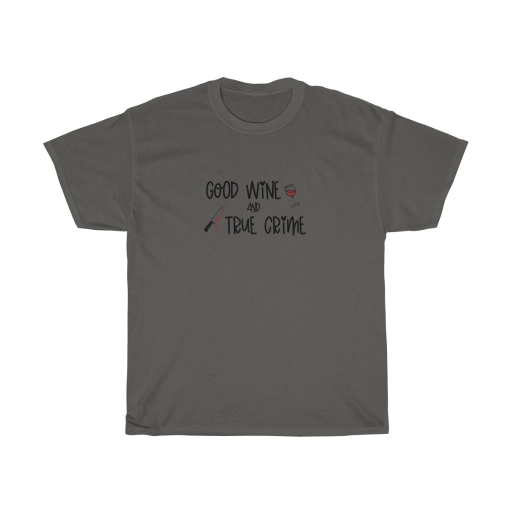 Good Wine and True Crime! This cotton t-shirt is perfect for a night of cuddling, sipping wine, and watching that true crime documentary. This t-shirt is the perfect gift for the true crime junkie in your life!