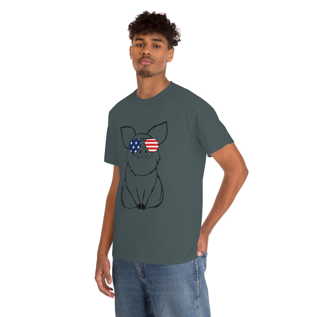 Pig with American Flag Sunglasses Cotton T-shirt