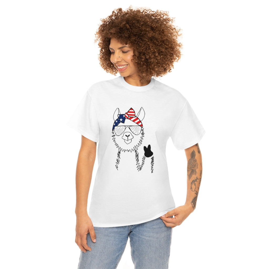 Llama with American Flag Headband Cotton T-shirt