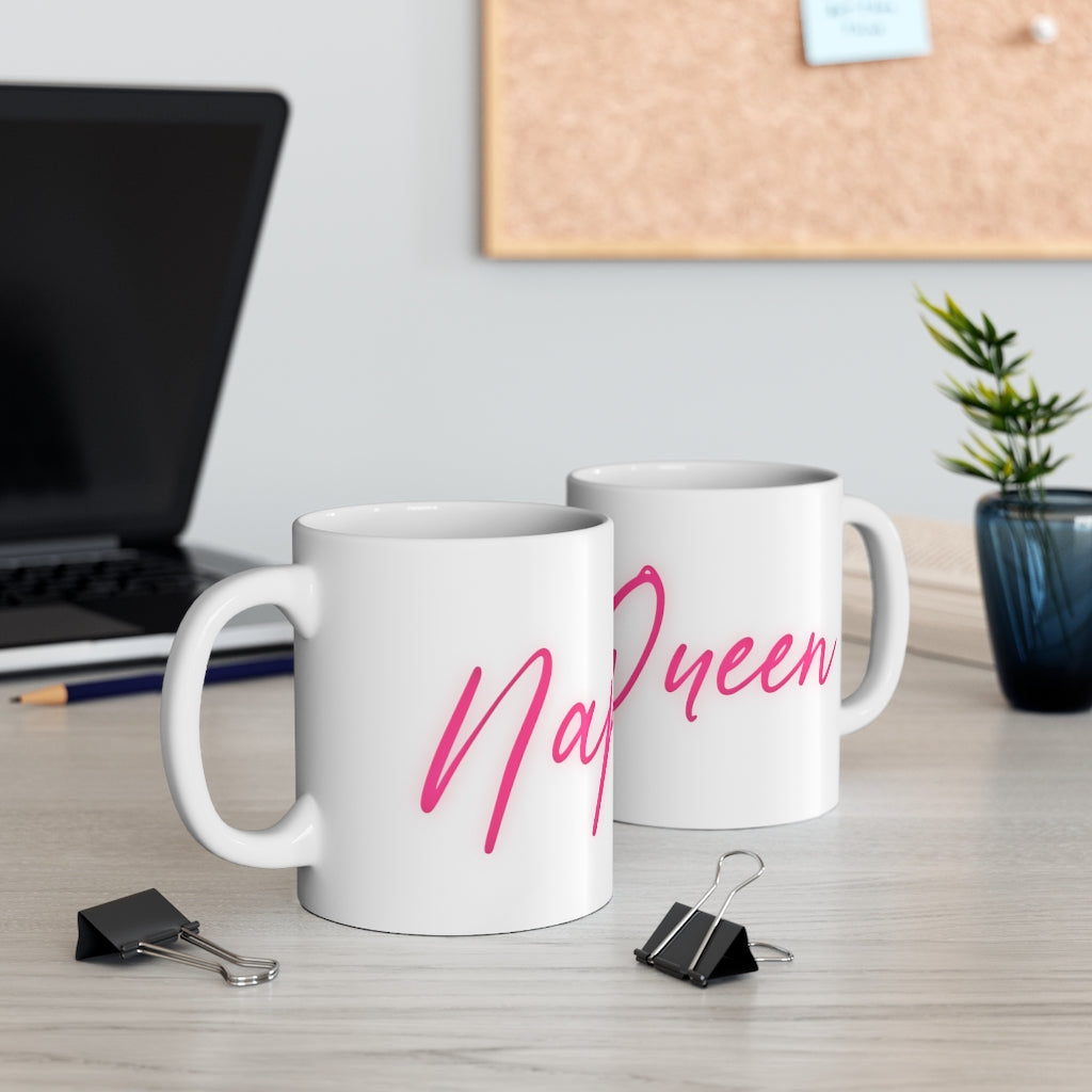 Nap Queen! This ceramic mug is perfect for those cozy days when you can just cuddle up and take a nap! Or even if you just wish you could take a nap at all times! This is the perfect gift to give to that one person who is always napping! This mug is 11 oz, lead and BPA free, and microwave and dishwasher safe!