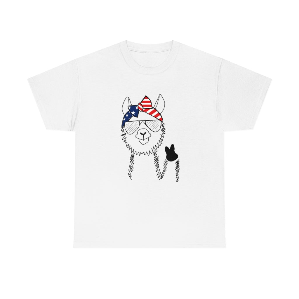 Llama with American Flag Headband Cotton T-shirt