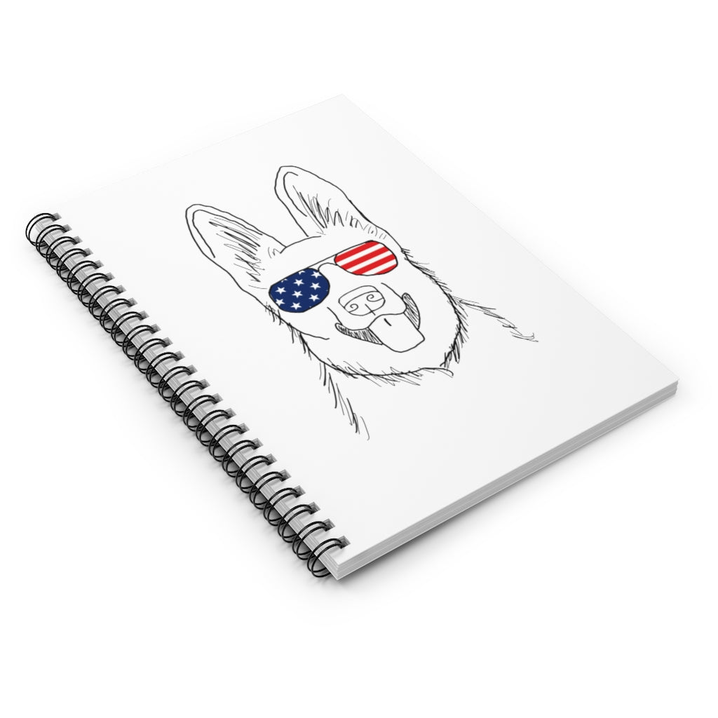 German Shepherd with American Flag Sunglasses Spiral Notebook - Ruled Line