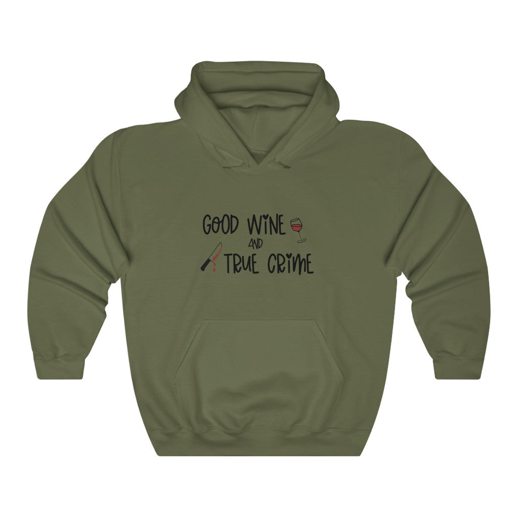 Good Wine and True Crime! This cozy hoodie sweatshirt is perfect for a night of cuddling, sipping wine, and watching that true crime documentary. This hoodie is the perfect gift for the true crime junkie in your life!
