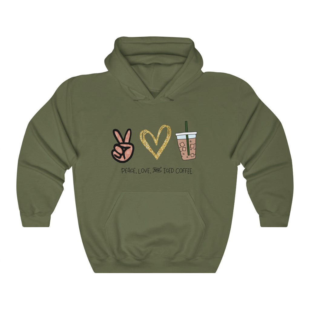 Peace, Love, and Iced Coffee... the only things that matter! This hoodie sweatshirt is perfect for those brisk morning walks to get coffee, or just for cozying up at home with your favorite iced coffee in hand. This hoodie makes the perfect gift for that iced coffee drinker in your life!
