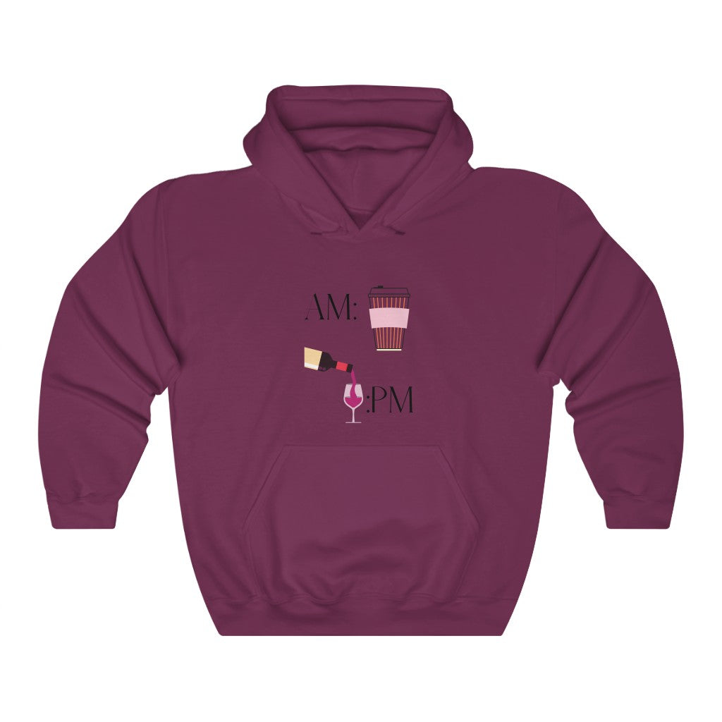 This cute hoodie shows off your schedule... coffee in the morning and wine at night, there is no other way. With bright pinks and reds, this sweatshirt stands out and is a perfect cozy piece to add to your collection. Designed with a luxurious cotton, you will never want to take it off.