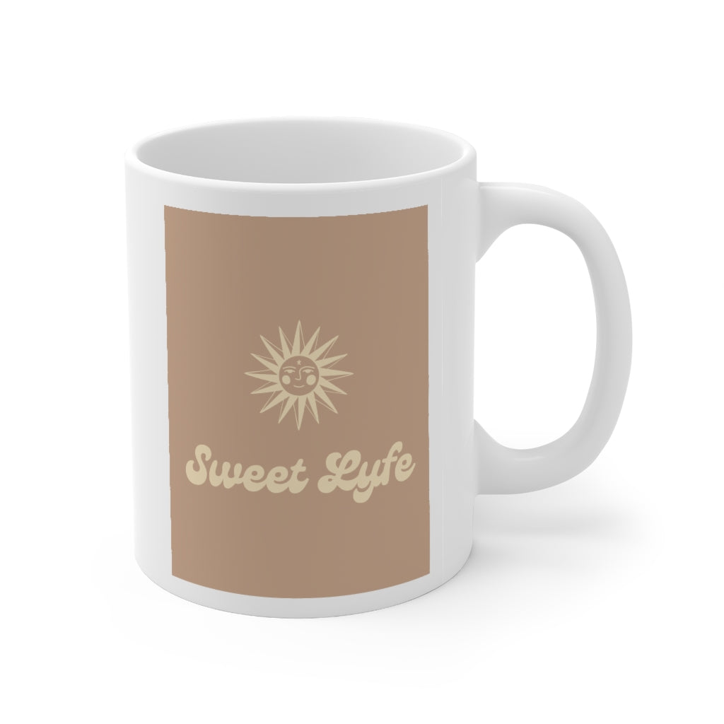 Wherever you go, always bring your own sunshine. This neutral ceramic mug features a sunny design that includes our brand Sweet Lyfe. Upgrade your style and add this mug to your collection today. This mug is 11 oz, lead and BPA free, and microwave and dishwasher safe!