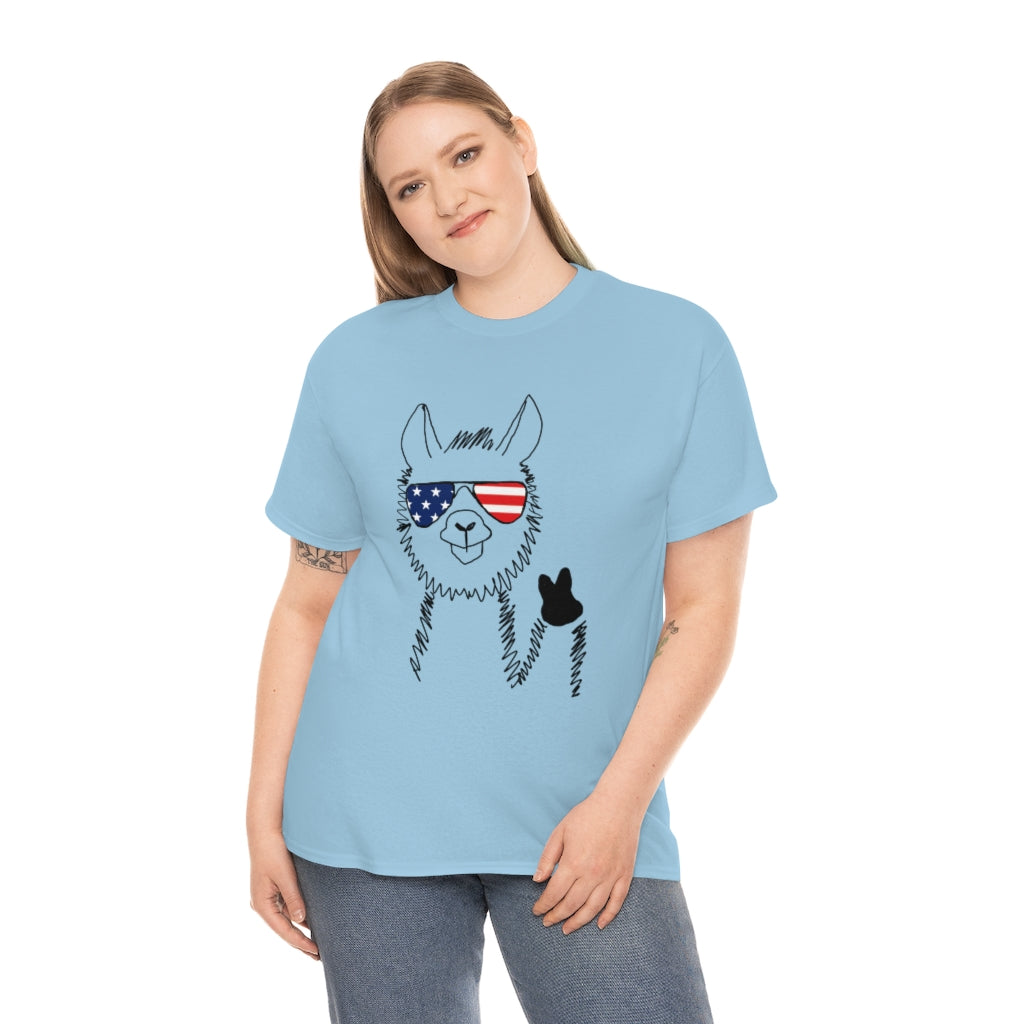 Llama with American Flag Sunglasses Cotton T-shirt