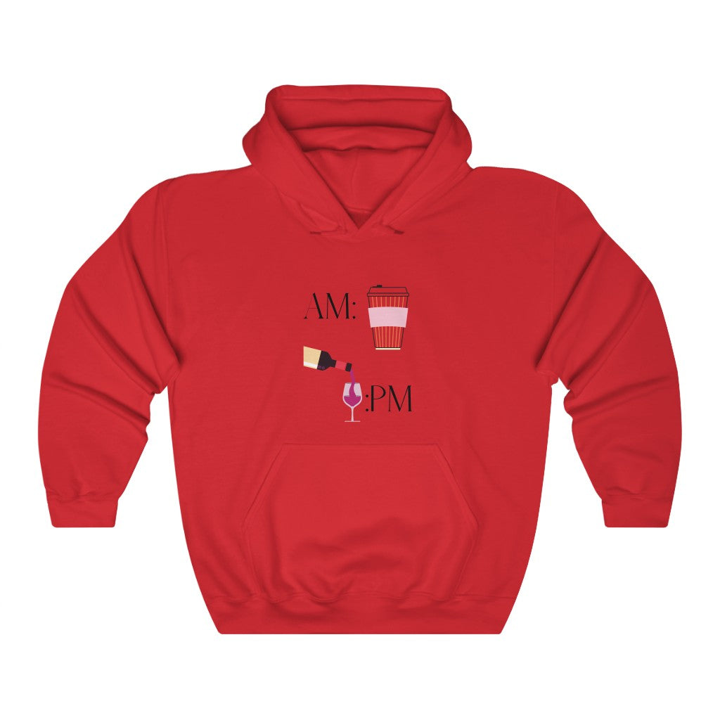 This cute hoodie shows off your schedule... coffee in the morning and wine at night, there is no other way. With bright pinks and reds, this sweatshirt stands out and is a perfect cozy piece to add to your collection. Designed with a luxurious cotton, you will never want to take it off.